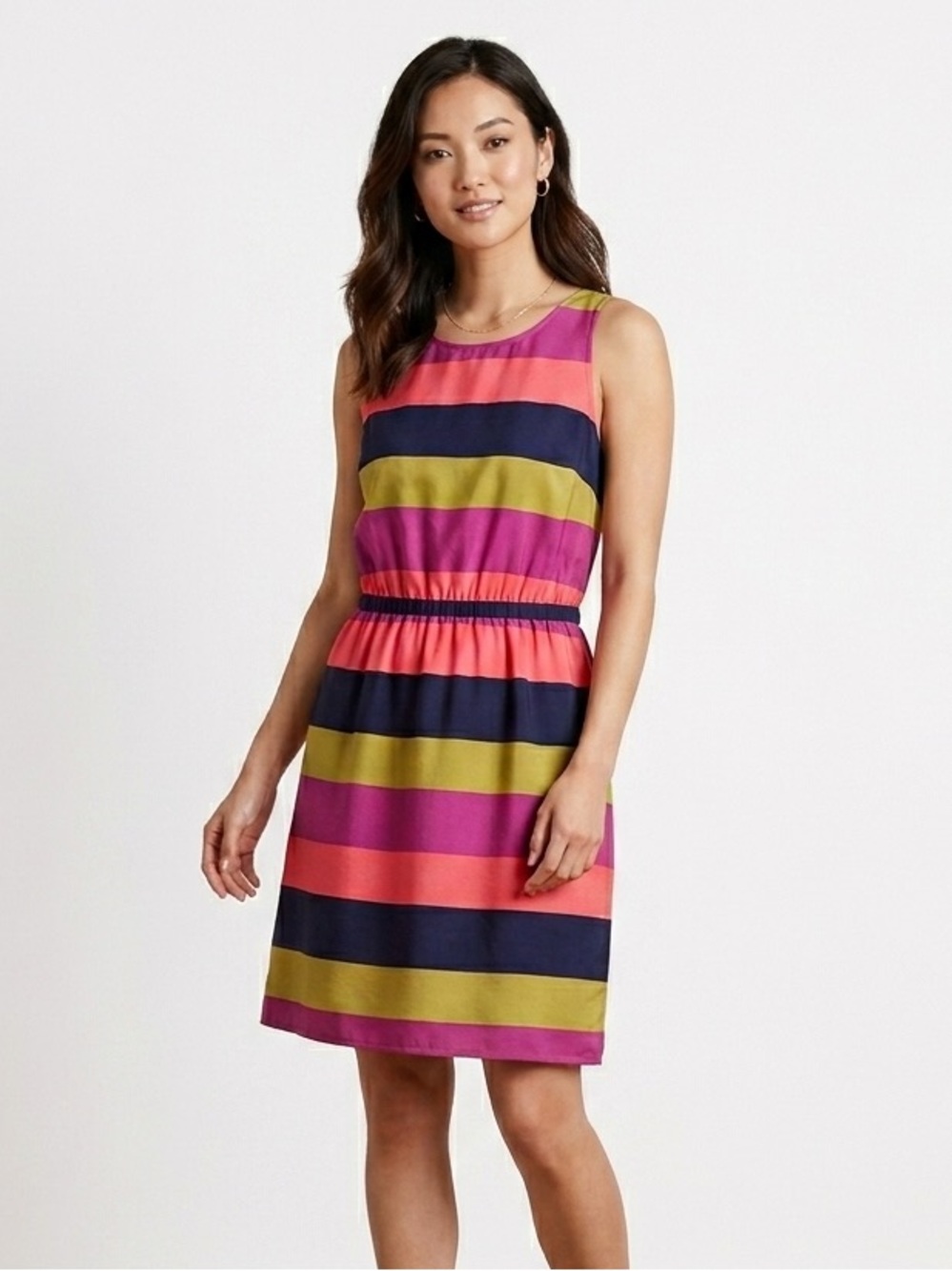 LOFT Colorful Striped Sleeveless Dress Size M Pink Orange Navy Midi
